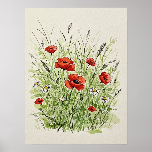 Poster Watercolor Poppies & Daisies Print Art (Frente)