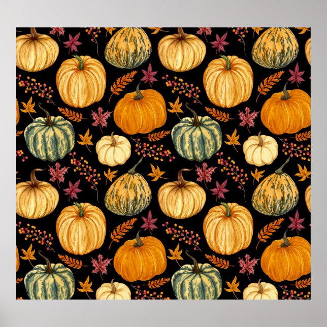 Poster Watercolor Pumpkins: Padrão Sem Costura de outono. (Frente)