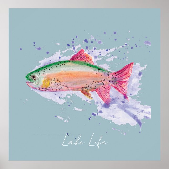Poster Watercolor Rainbow Trout Lake Life (Frente)
