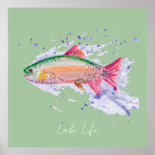 Poster Watercolor Rainbow Trout Lake Life
