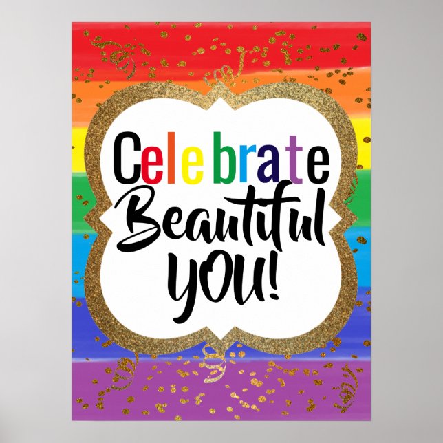 Poster Watercolor Rainbow w Dourado Celebra Você Diversid (Frente)