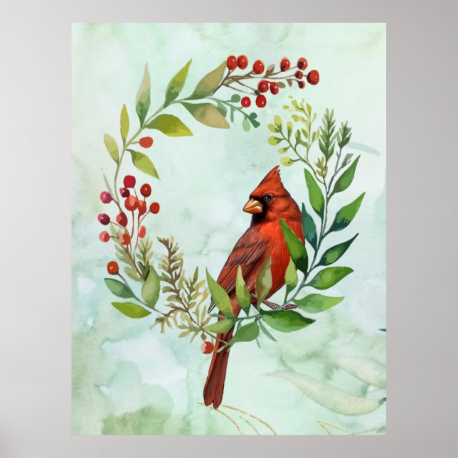 Poster Watercolor Red Cardinal Bird Wreath Christmas (Frente)