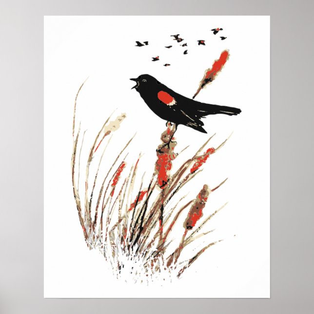 Poster Watercolor Red Wing Blackbird Bird Nature art (Frente)