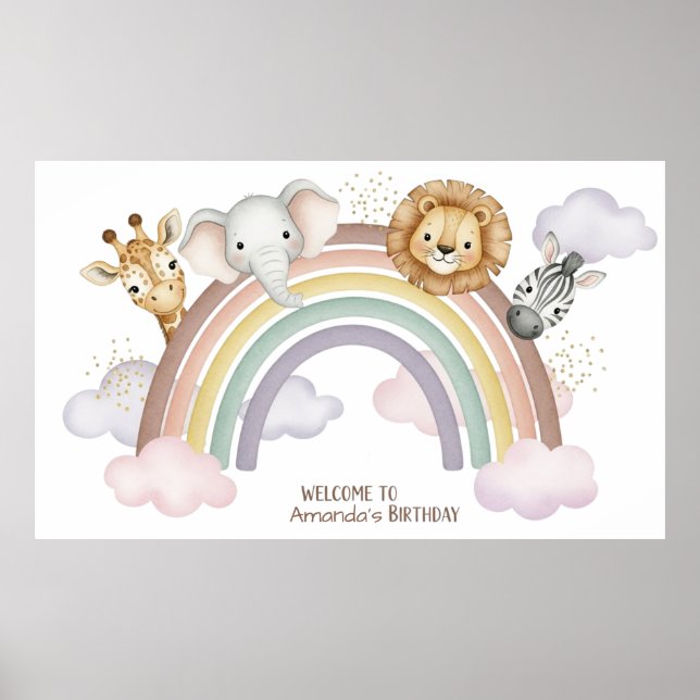 Poster Watercolor Safari Animals 1st Birthday Paper  (Frente)