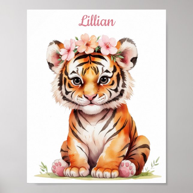 Poster Watercolor Safari Art para Meninas Bebê Tiger (Frente)