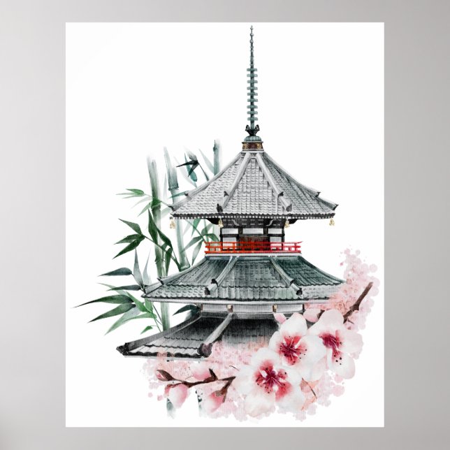 Poster Watercolor Sakura Blossom Bamboo Templo Japonês (Frente)