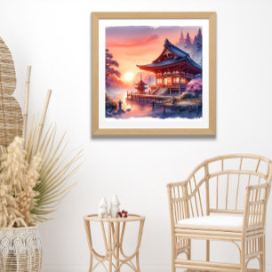 Poster Watercolor Sakura Templo Japonês em Sunset