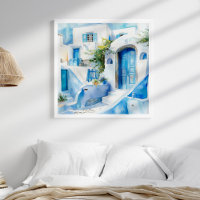 Watercolor Santorini Viagem Art Mediterrâneo