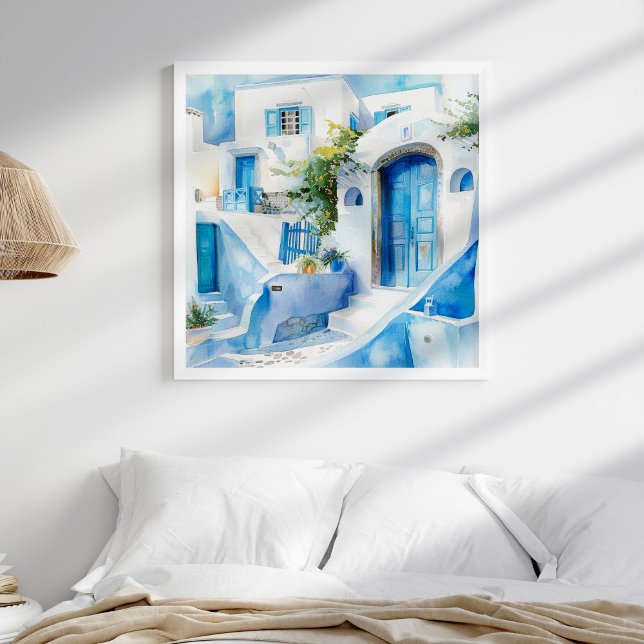 Poster Watercolor Santorini Viagem Art Mediterrâneo (Watercolor Santorini Greek Wall Art in a neutral coastal boho bedroom in a white frame.)