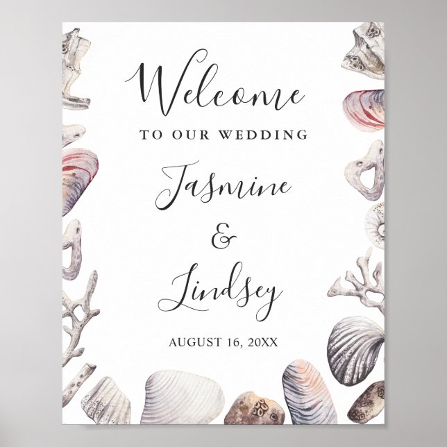 Poster Watercolor Sea Shell Beach Wedding Welcome Sign (Frente)