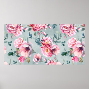 Poster Watercolor seamless pattern of peony and blosom fl