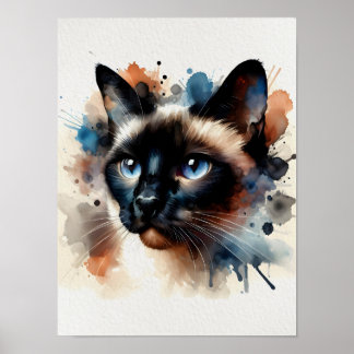 Poster Watercolor, Siamese, Retrato Colorido de Gato