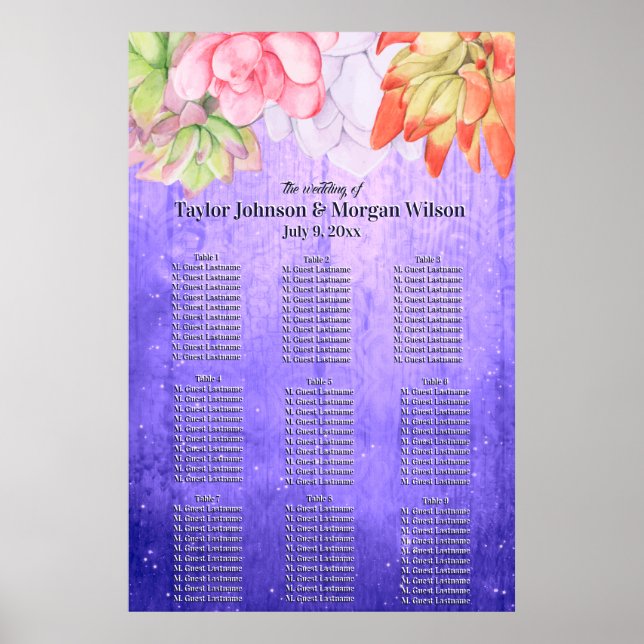 Poster Watercolor Succulents Purple Wedding Seating (Frente)