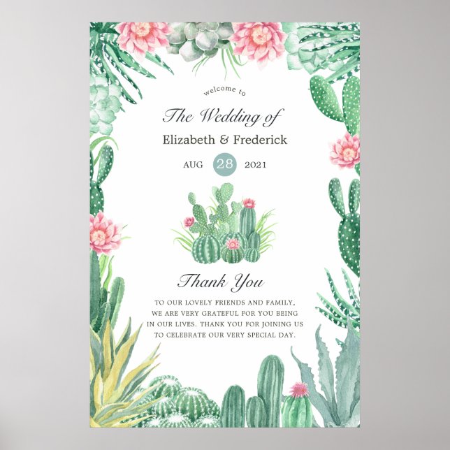 Poster Watercolor Succulents Wedding Welcome (Frente)
