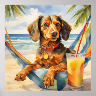 Poster Watercolor Teckel Dog Bebendo Piña Colada Beach