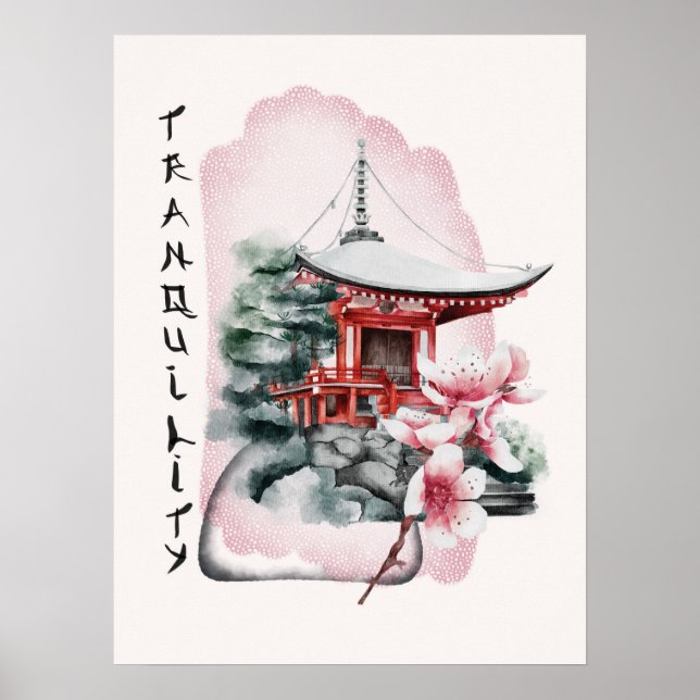 Poster Watercolor Templo Sakura Flor (Frente)
