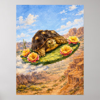 Poster Watercolor Turtle flying on a magic cactus pad