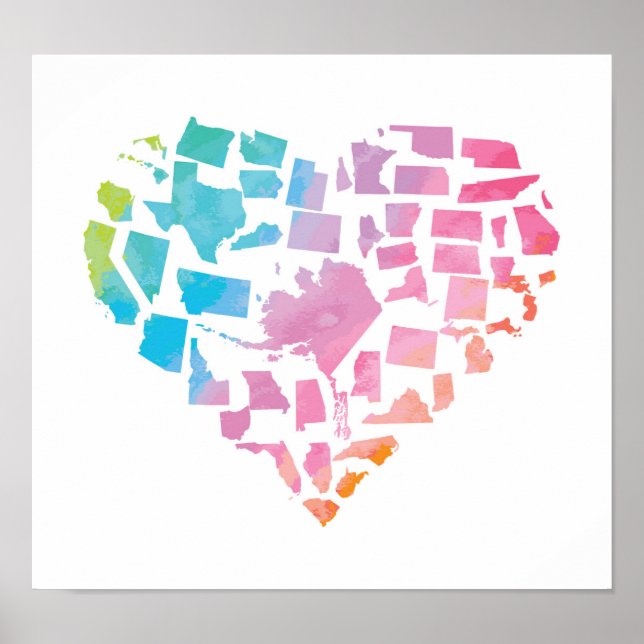 Poster Watercolor United States Heart (Frente)
