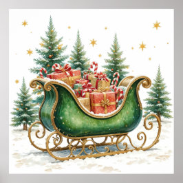 Poster Watercolor Vintage Christmas Sleigh