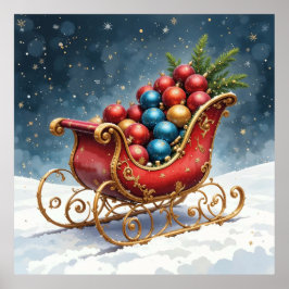 Poster Watercolor Vintage Christmas Sleigh
