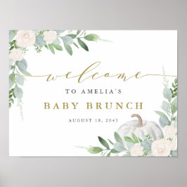 Poster Watercolor White Pumpkin Greenery Fall Baby Brunch