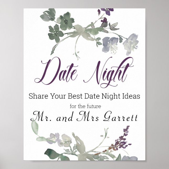 Poster Watercolor Wildflowers Lavender Date Night Sign (Frente)