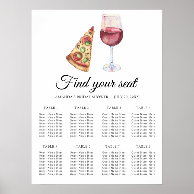 Poster Watercolor Wine & Pizza Wedding seating chart (Frente)
