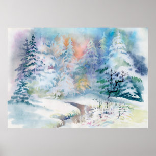 Poster Watercolor winter landscape illustration