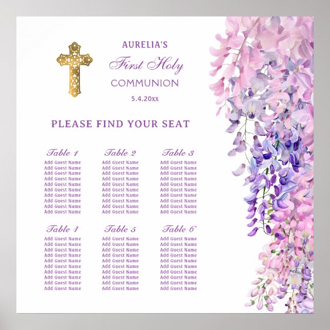 Poster Watercolor Wisteria First Communion Seating Chart (Frente)