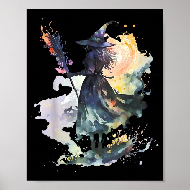 Poster Watercolor Witch Halloween Fall Autumn Art Paintin (Frente)
