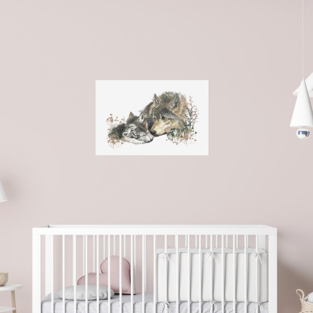 Poster Watercolor Wolf Mãe e Cubs Animal Art (Berçário 2)