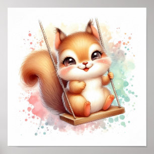 Poster Watercolor Woodland Baby Squirrel Nursery Swing