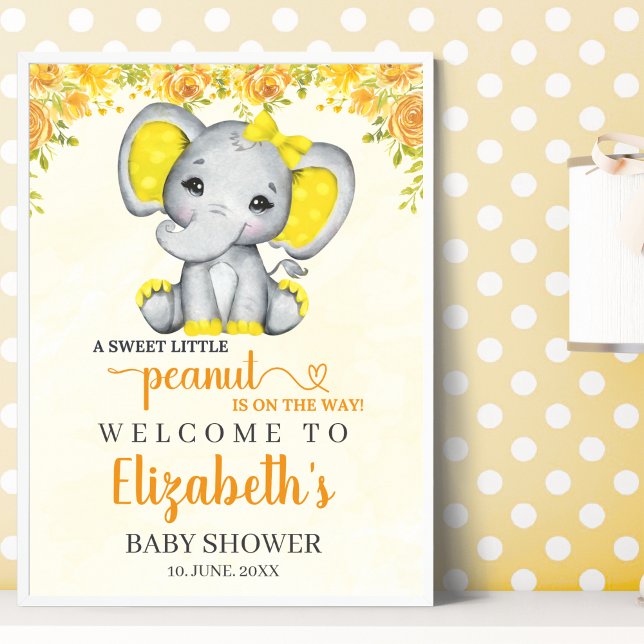 Poster Watercolor Yellow Elephant Baby shower girl (Criador carregado)