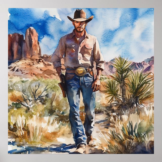 Poster Watercolour Cowboy in Desert (Frente)