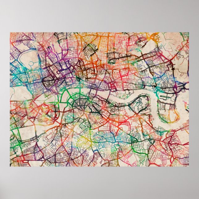 Pôster Watercolour Map of London (Frente)