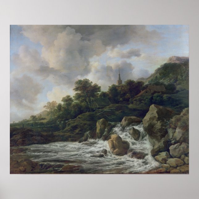 Pôster Waterfall Near a Village, c.1665-70 (Frente)