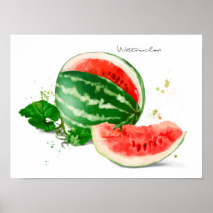 Poster Watermelon and splashes of watercolor painting	