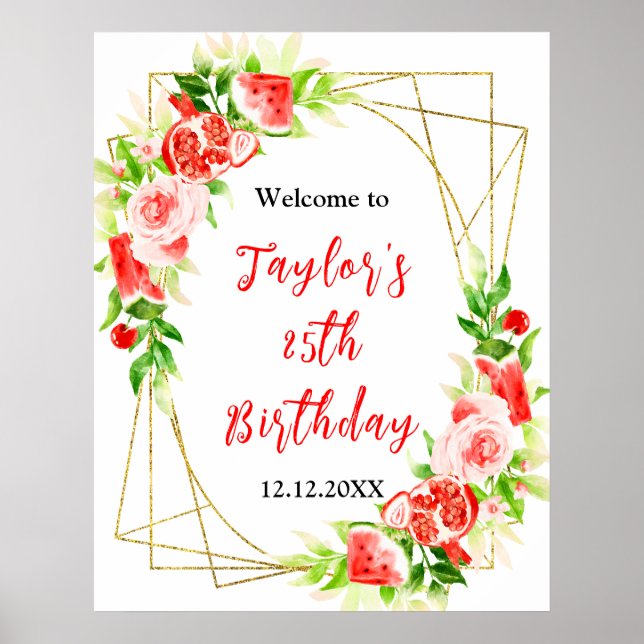 Poster Watermelon Pomegranate Birthday Party Welcome Sign (Frente)