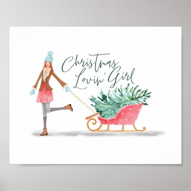Poster Waterolor Christmas Loving' Girl Pulando Sleigh (Frente)