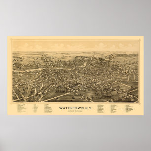 Pôster Watertown, mapa panorâmico de NY - 1891