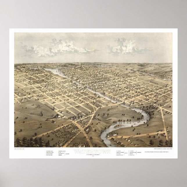 Pôster Watertown, Mapa Panorâmico do WI - 1867 (Frente)