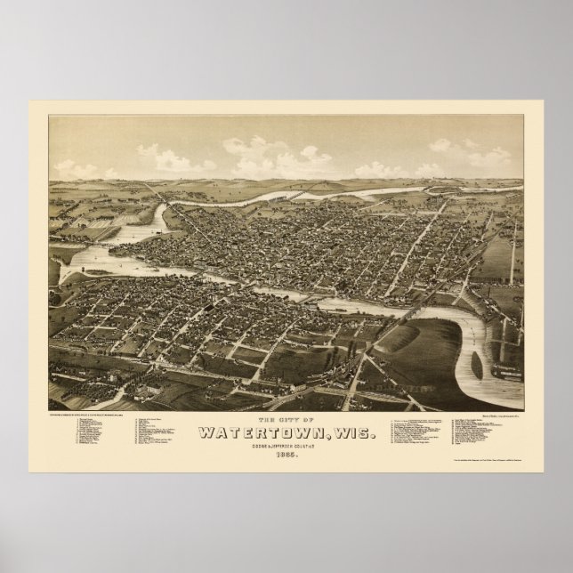 Pôster Watertown, Mapa Panorâmico do WI - 1885 (Frente)