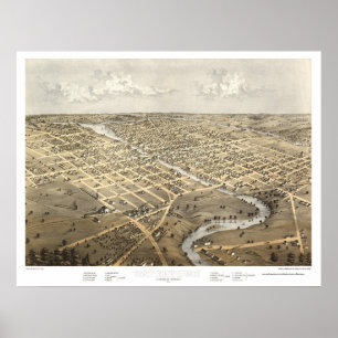 Pôster Watertown, mapa panorâmico dos WI - 1867