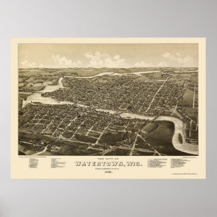 Pôster Watertown, mapa panorâmico dos WI - 1885