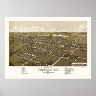 Poster Waupun, mapa panorâmico dos WI - 1885