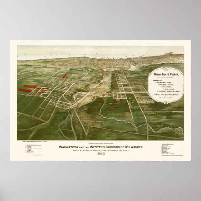 Poster Wauwatosa, Mapa Panorâmico do WI - 1892 (Frente)