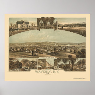 Poster Waverly, mapa panorâmico de NY - 1881
