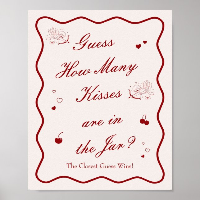 Poster Wavy Cherry Bridal Shower Guess How Many Kisses (Frente)