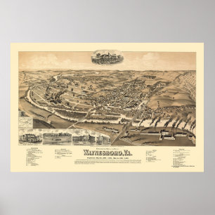 Pôster Waynesboro, mapa panorâmico do VA - 1891