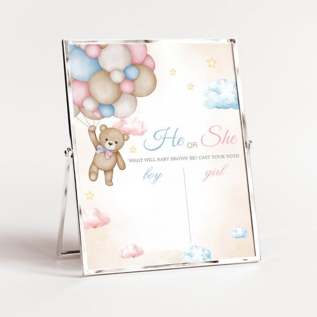 Poster We Can Bearly Wait Gender Reveal Sign (Bear Balloon He or She Gender Reveal Voting Sign)